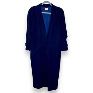Vintage 1970s Sanyo 100% Wool Navy Blue Long Coat Womens Size 10 Overcoat Duster